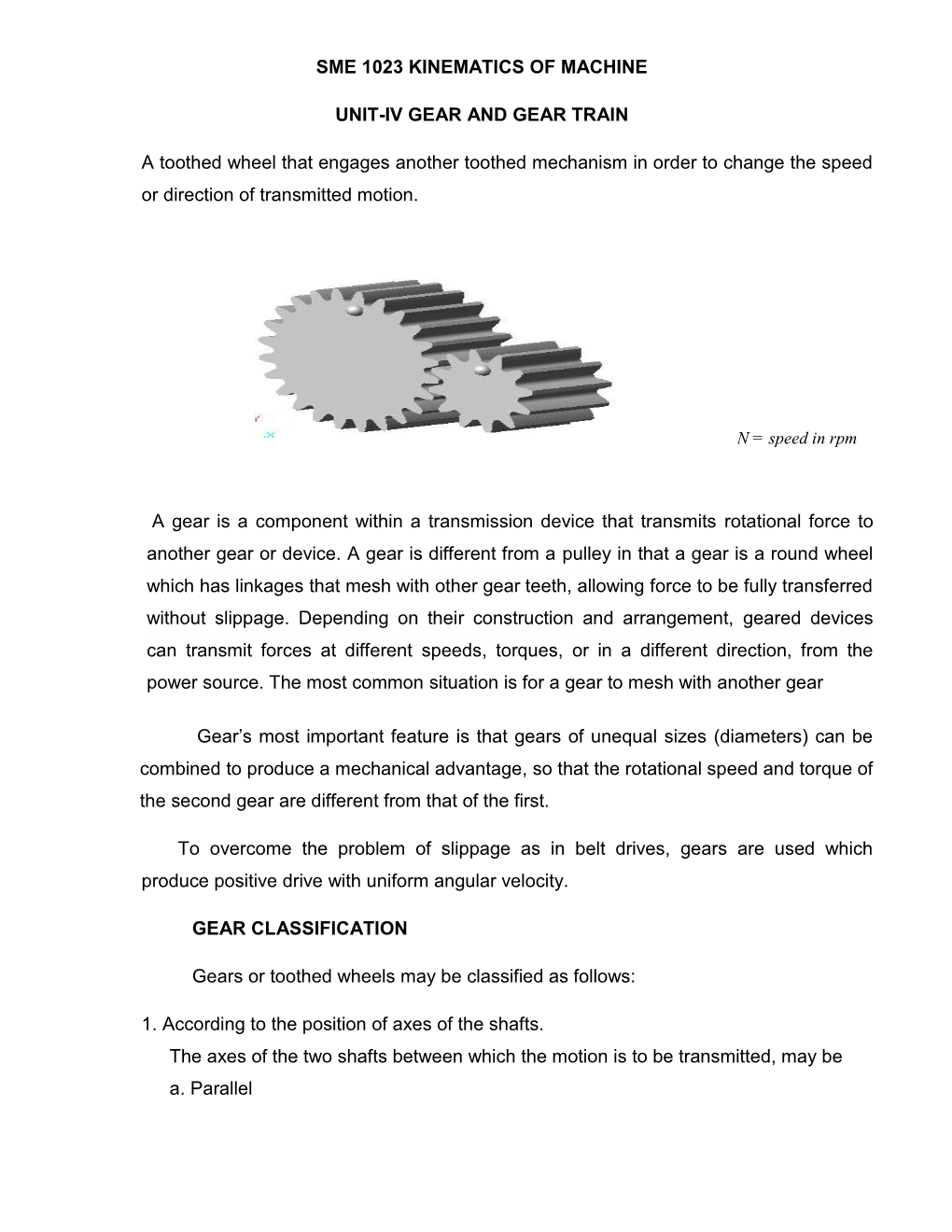 SME 1023 KINEMATICS of MACHINE UNIT-IV GEAR and GEAR TRAIN a Toothed Wheel That Engages Another Toothed Mechanism in Order to Ch