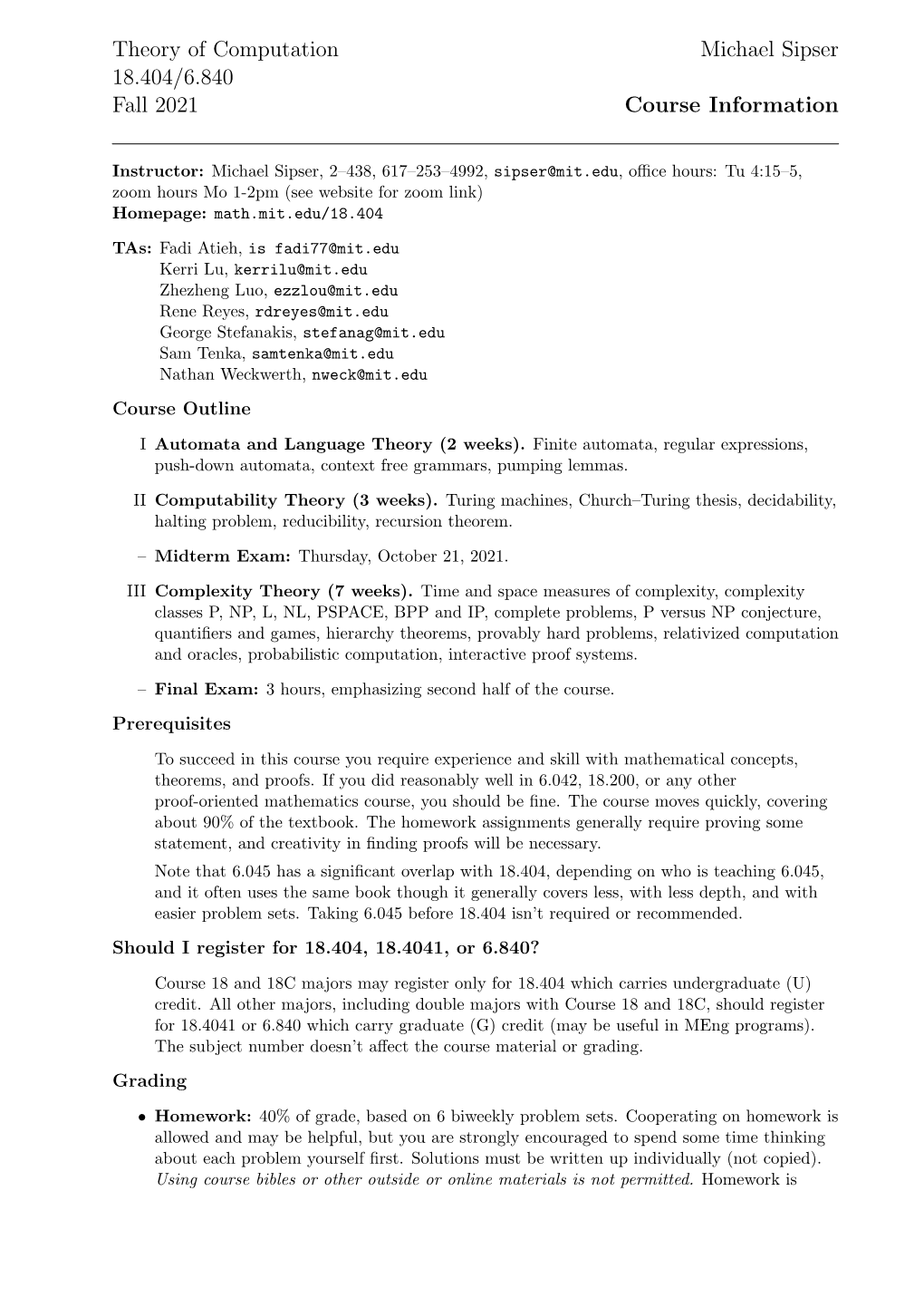 Theory of Computation Michael Sipser 18.404/6.840 Fall 2021 Course Information