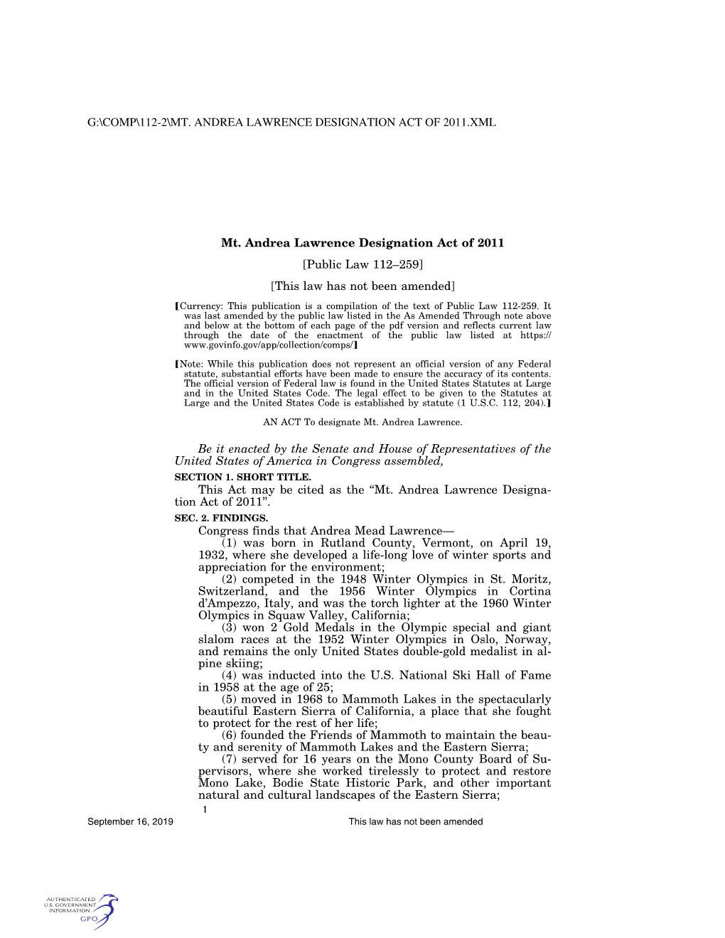 Mt. Andrea Lawrence Designation Act of 2011.Xml