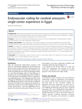 Endovascular Coiling for Cerebral Aneurysm: Single-Center Experience in Egypt Mohamed Khaled Elewa