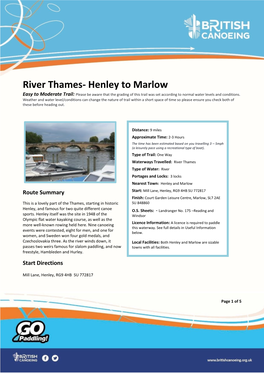 River Thames- Henley to Marlow Easy to Moderate Trail: Please Be Aware That the Grading of This Trail Was Set According to Normal Water Levels and Conditions