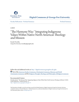 "The Harmony Way:" Integrating Indigenous Values Within Native North American Theology and Mission