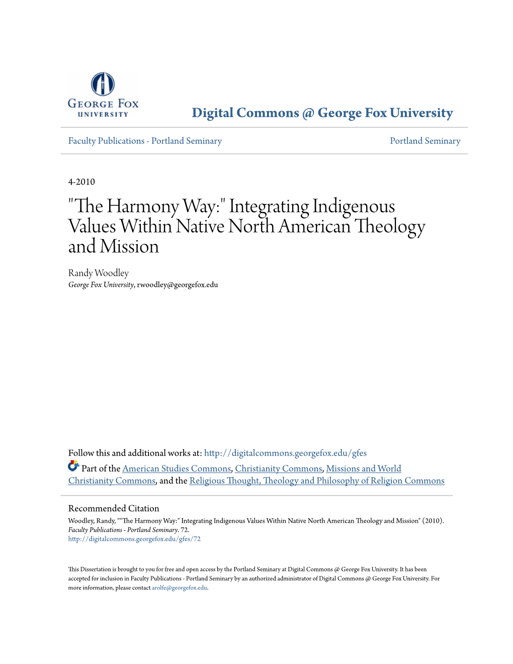"The Harmony Way:" Integrating Indigenous Values Within Native North American Theology and Mission