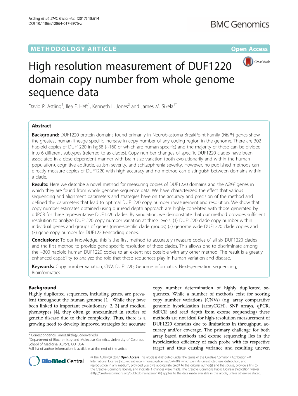 High Resolution Measurement of DUF1220 Domain Copy Number from Whole Genome Sequence Data David P