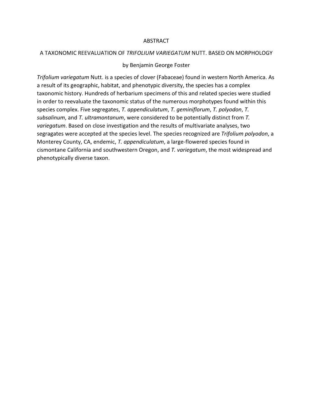 Abstract a Taxonomic Reevaluation of Trifolium Variegatum Nutt