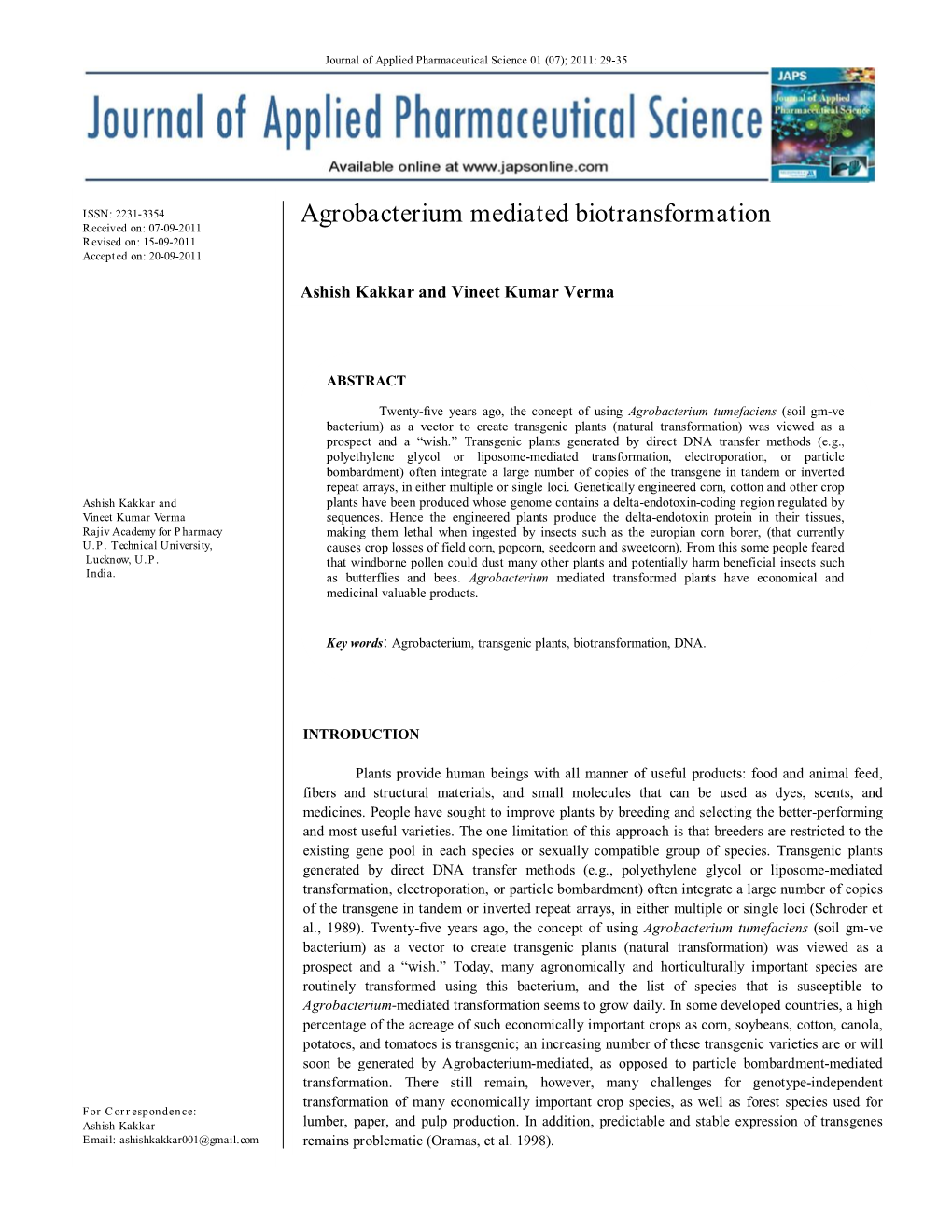 Agrobacterium Mediated Biotransformation Received On: 07-09-2011 Revised On: 15-09-2011 Accepted On: 20-09-2011