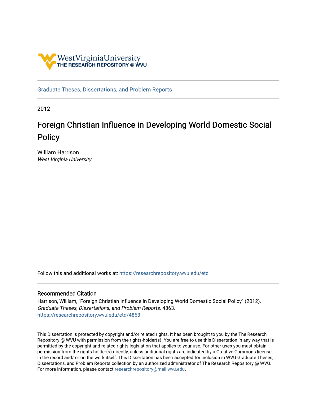 Foreign Christian Influence in Developing World Domestic Social Policy