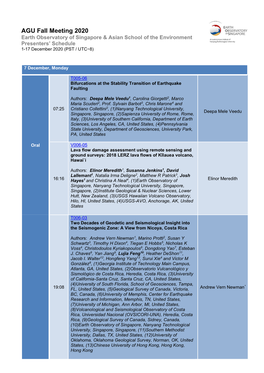 AGU Fall Meeting 2020 Earth Observatory of Singapore & Asian School of the Environment Presenters’ Schedule 1-17 December 2020 (PST / UTC−8)