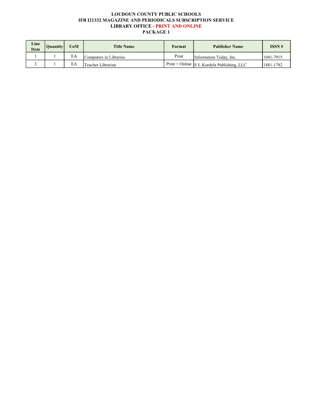 Loudoun County Public Schools Ifb I21332 Magazine and Periodicals Subscription Service Library Office - Print and Online Package 1