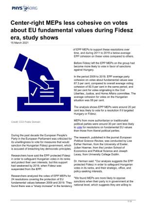 Center-Right Meps Less Cohesive on Votes About EU Fundamental Values During Fidesz Era, Study Shows 15 March 2021