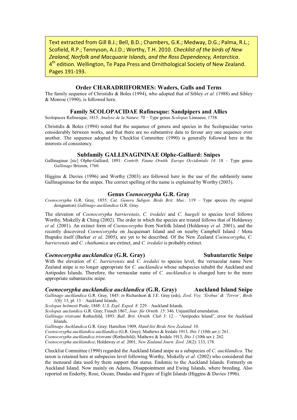 Order CHARADRIIFORMES: Waders, Gulls and Terns Family SCOLOPACIDAE Rafinesque: Sandpipers and Allies Subfamily GALLINAGININAE Ol