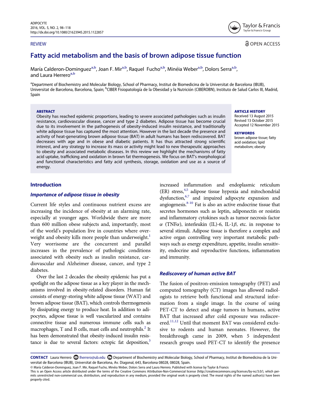 Fatty Acid Metabolism and the Basis of Brown Adipose Tissue Function