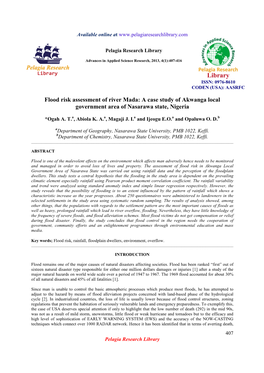 Flood Risk Assessment of River Mada: a Case Study of Akwanga Local Government Area of Nasarawa State, Nigeria