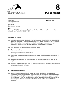 Commons Act 2006 - Application to Register Land at Hearsall Common, Coventry As a Town Or Village Green (Application VG/2007/001)