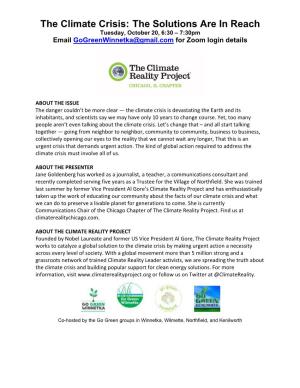The Climate Crisis: the Solutions Are in Reach Tuesday, October 20, 6:30 – 7:30Pm Email Gogreenwinnetka@Gmail.Com for Zoom Login Details