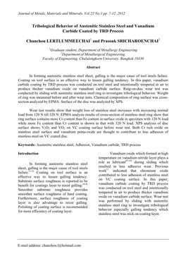Tribological Behavior of Austenitic Stainless Steel and Vanadium Carbide Coated by TRD Process