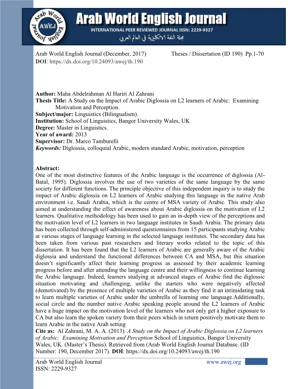 A Study on the Impact of Arabic Diglossia on L2 Learners of Arabic: Examining Motivation and Perception