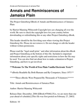 Annals and Reminiscences of Jamaica Plain 1 Annals and Reminiscences of Jamaica Plain