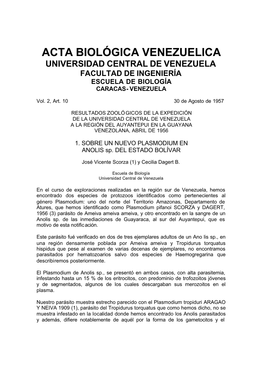 Acta Biológica Venezuelica Universidad Central De Venezuela Facultad De Ingeniería Escuela De Biología Caracas- Venezuela