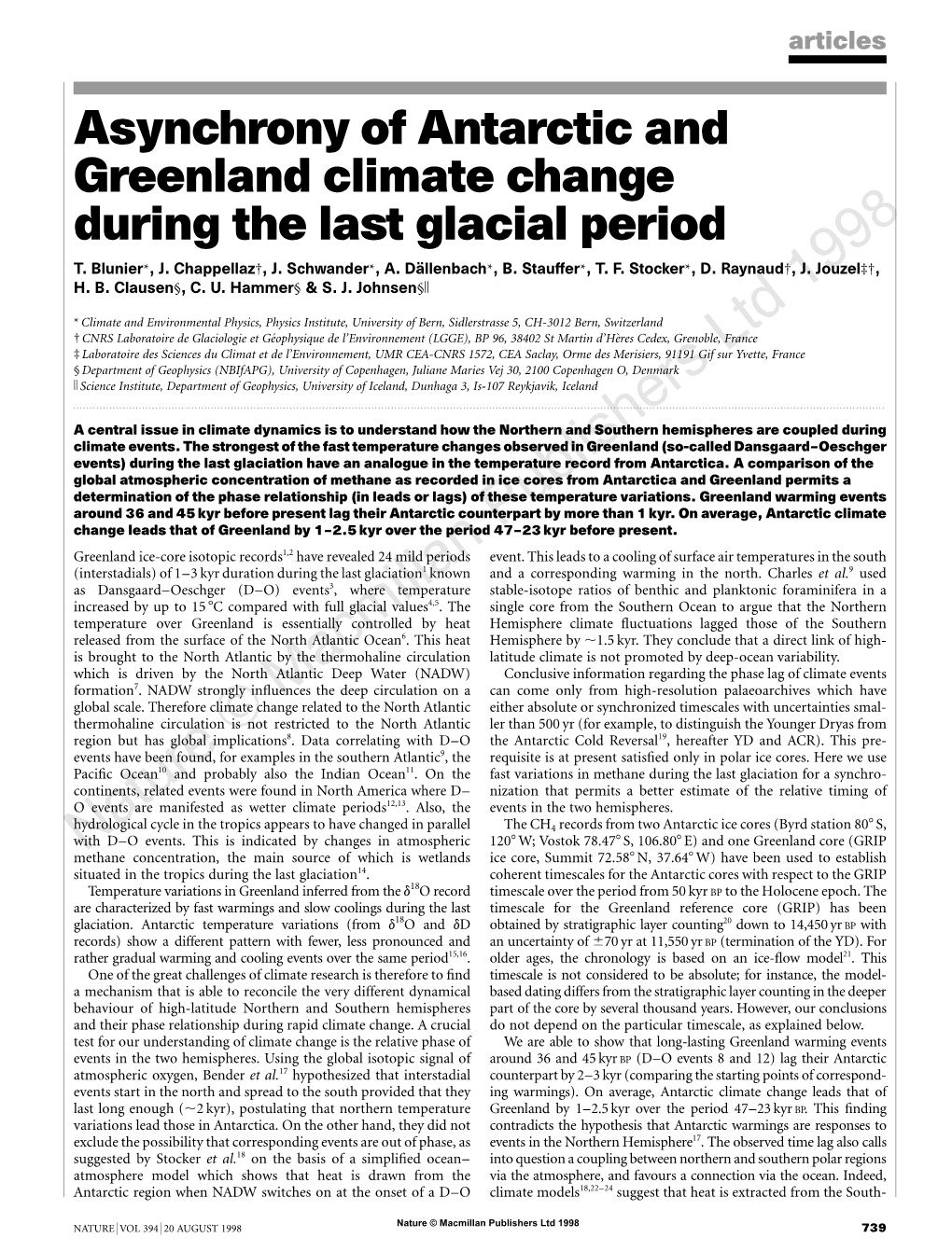 Asynchrony of Antarctic and Greenland Climate Change During the Last Glacial Period 8 T