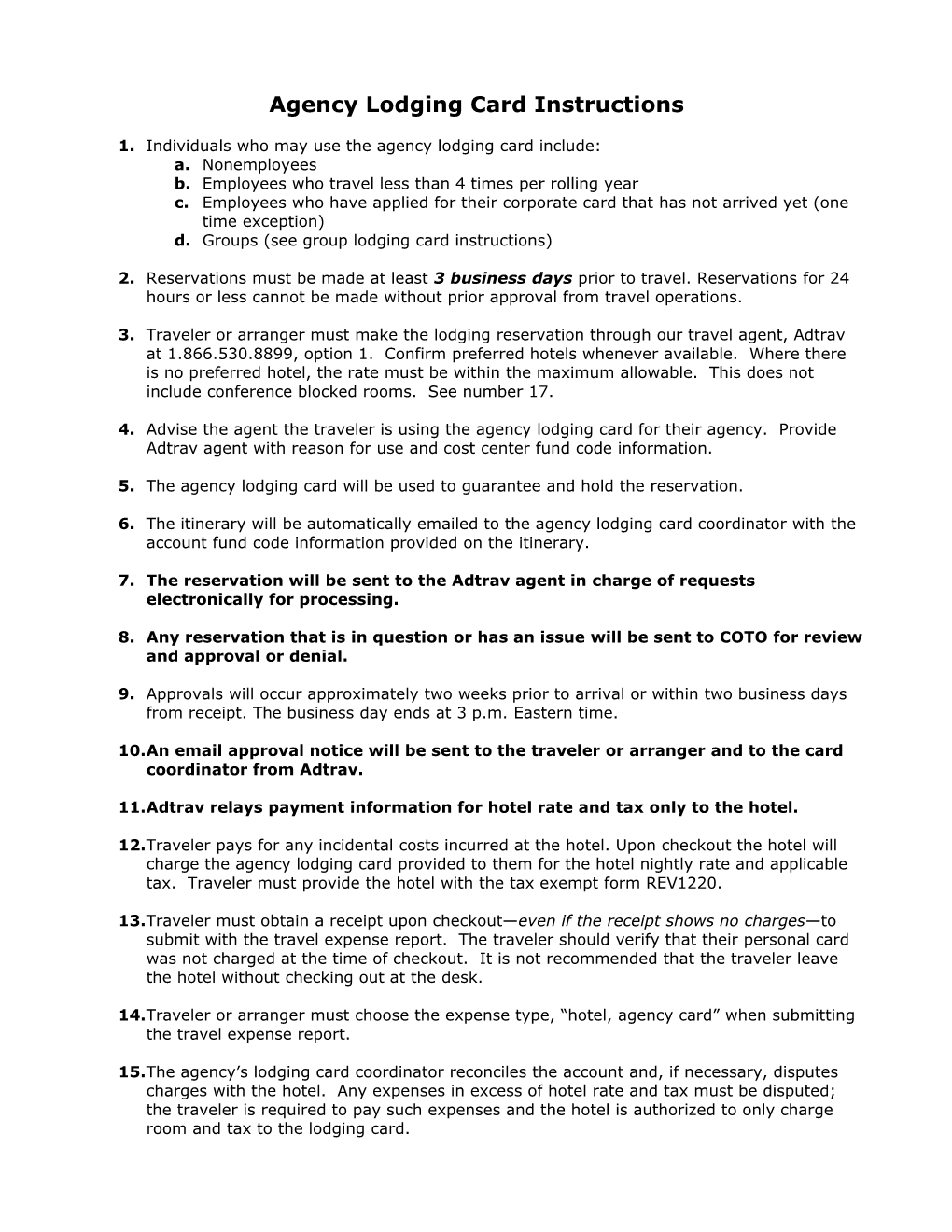 Agency Lodging Card Instruction