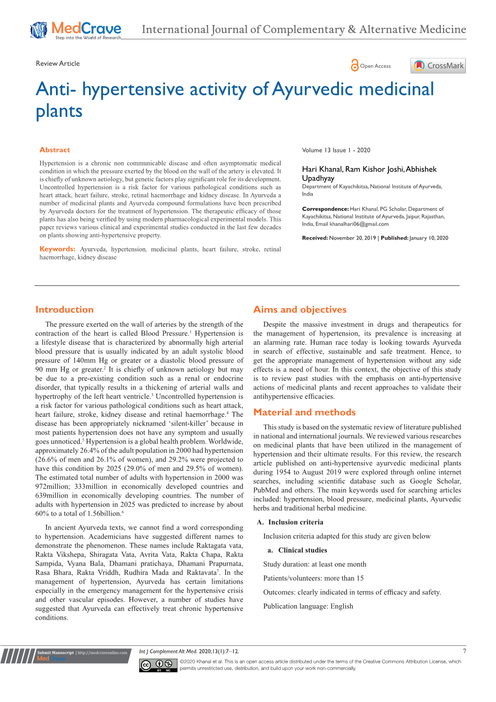 Anti- Hypertensive Activity of Ayurvedic Medicinal Plants