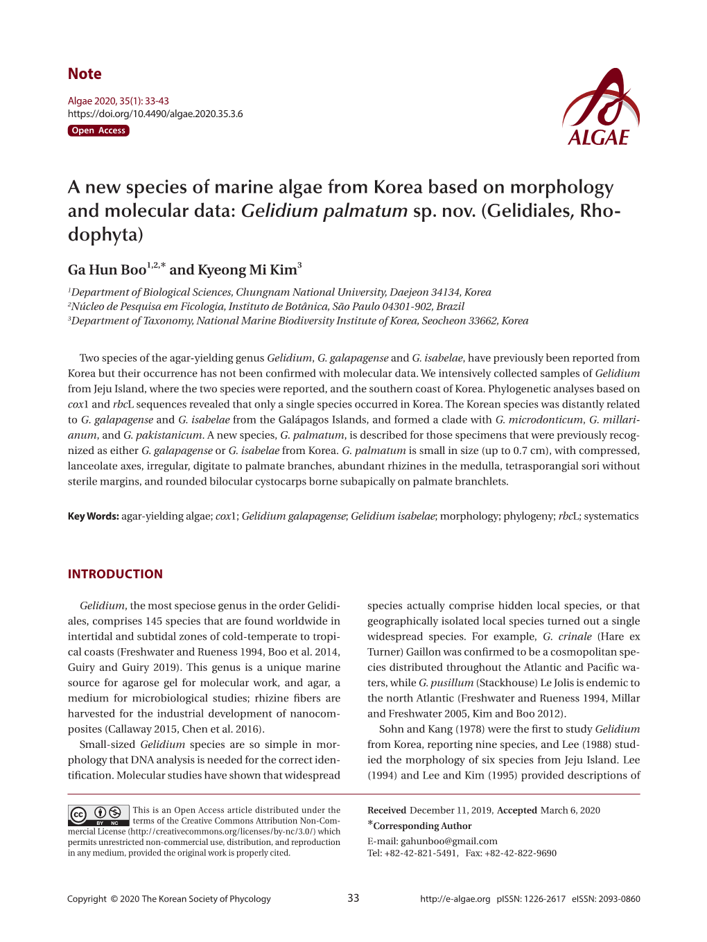 A New Species of Marine Algae from Korea Based on Morphology and Molecular Data: Gelidium Palmatum Sp