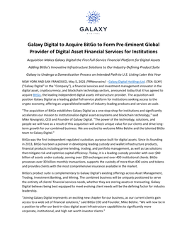 Galaxy Digital to Acquire Bitgo to Form Pre-Eminent Global Provider of Digital Asset Financial Services for Institutions