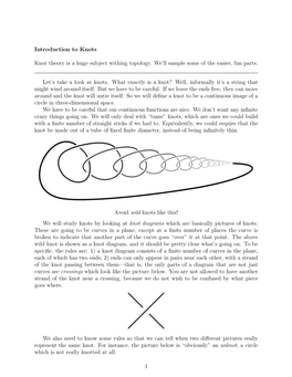 Introduction to Knots Knot Theory Is a Huge Subject Withing Topology. We'll Sample Some of the Easier, Fun Parts. Let's Take
