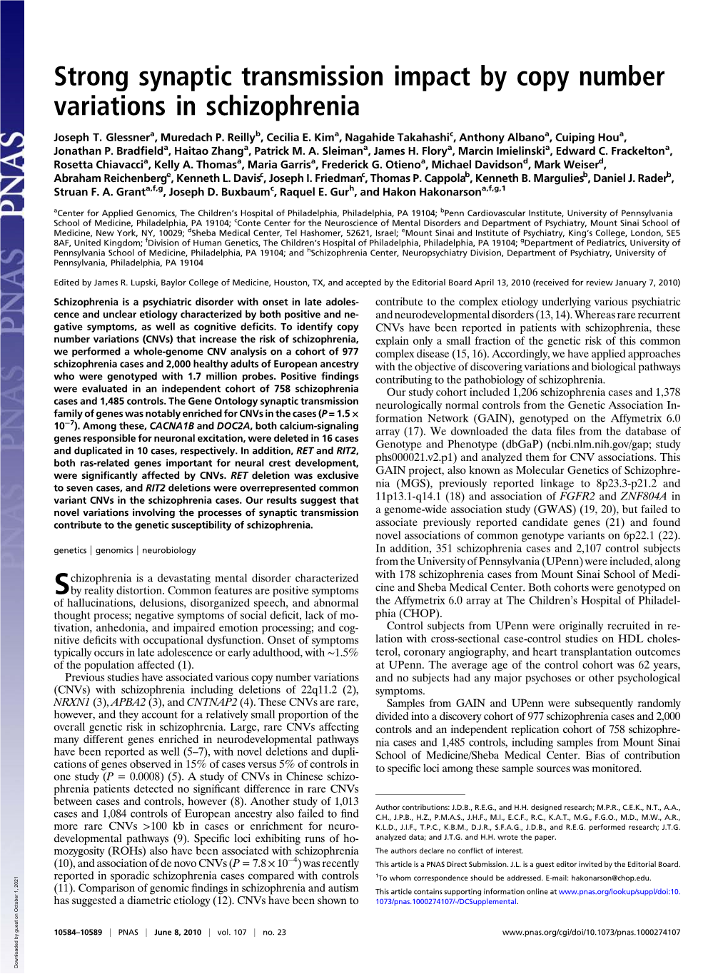 Strong Synaptic Transmission Impact by Copy Number Variations in Schizophrenia