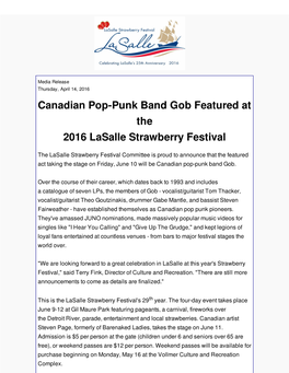 Canadian Pop-Punk Band Gob Featured at the 2016 Lasalle Strawberry Festival