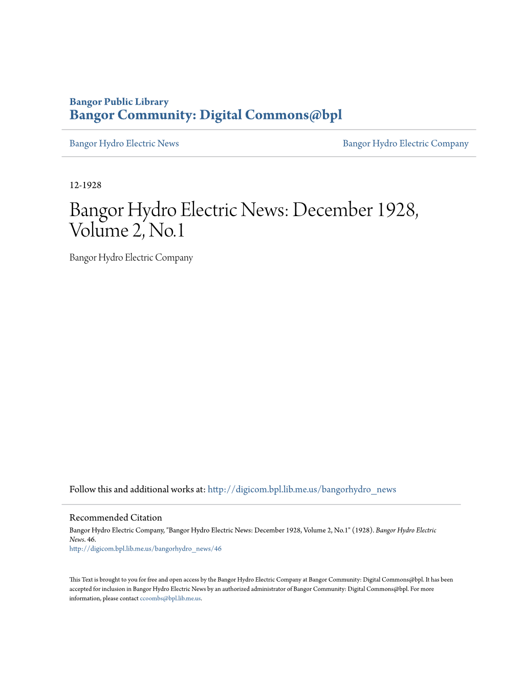 Bangor Hydro Electric News: December 1928, Volume 2, No.1 Bangor Hydro Electric Company