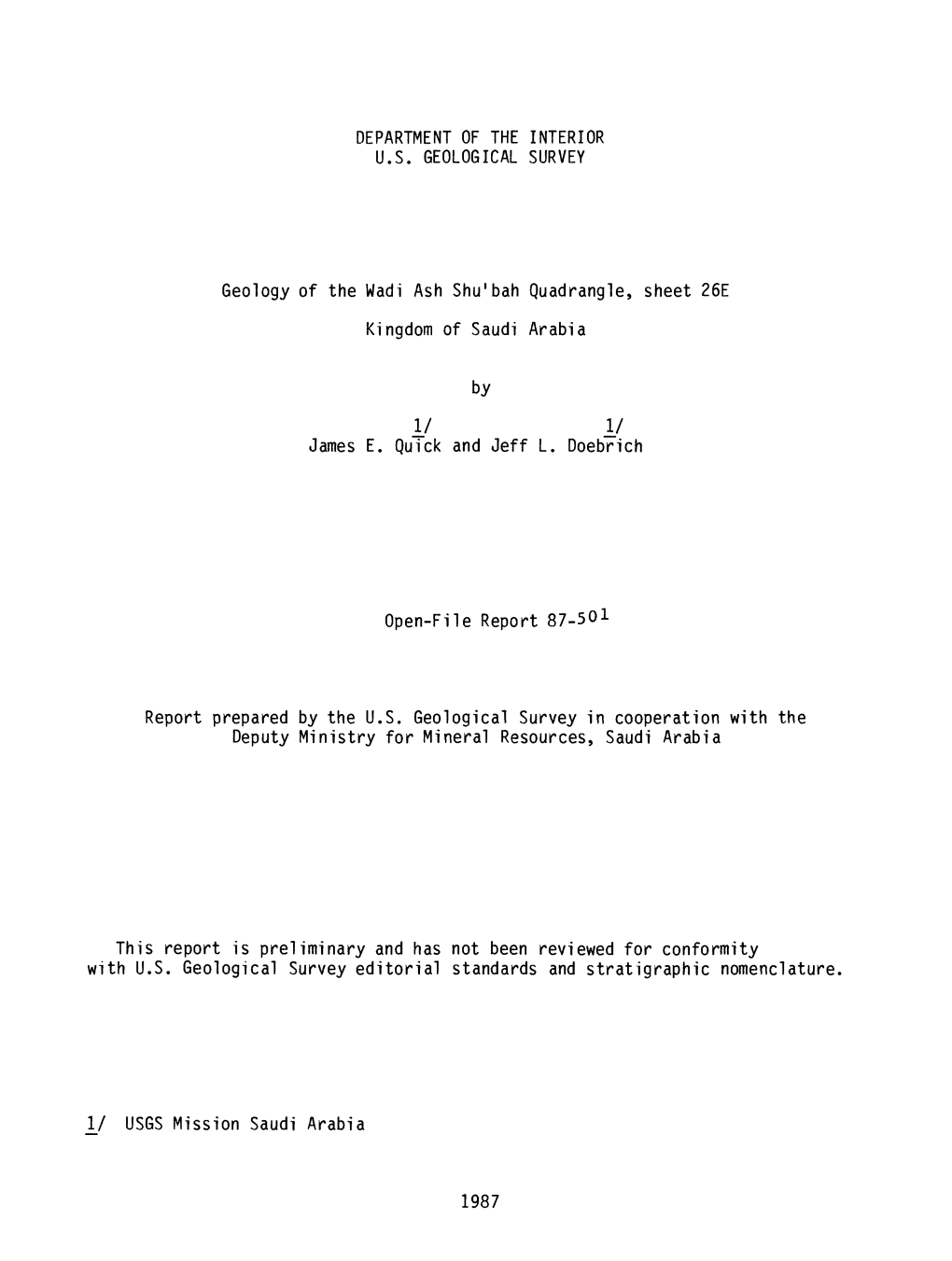 Geology of the Wadi Ash Shu'bah Quadrangle, Sheet 26E Kingdom of Saudi Arabia