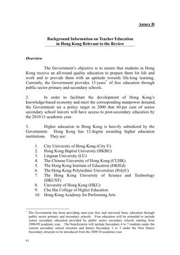 Annex D Background Information on Teacher Education in Hong Kong