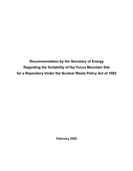 Recommendation by the Secretary of Energy Regarding the Suitability of the Yucca Mountain Site for a Repository Under the Nuclear Waste Policy Act of 1982