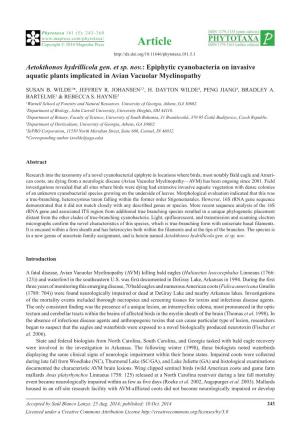 Aetokthonos Hydrillicola Gen. Et Sp. Nov.: Epiphytic Cyanobacteria on Invasive Aquatic Plants Implicated in Avian Vacuolar Myelinopathy