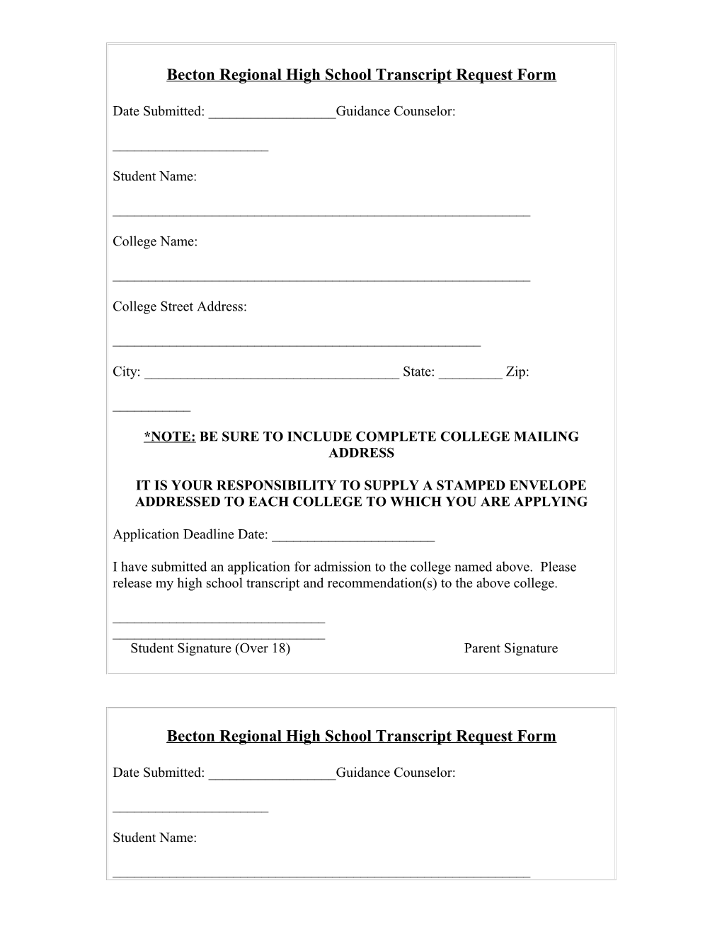 Becton Regional High School Transcript Request Form