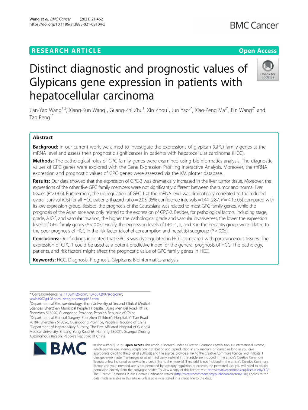 Distinct Diagnostic and Prognostic Values of Glypicans Gene