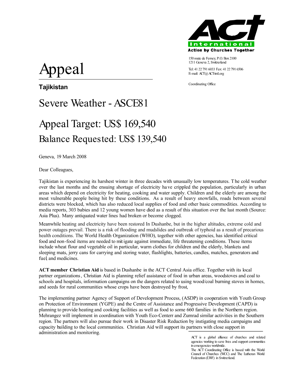 Tajikistan Act Appeal for Extreme Winter 08