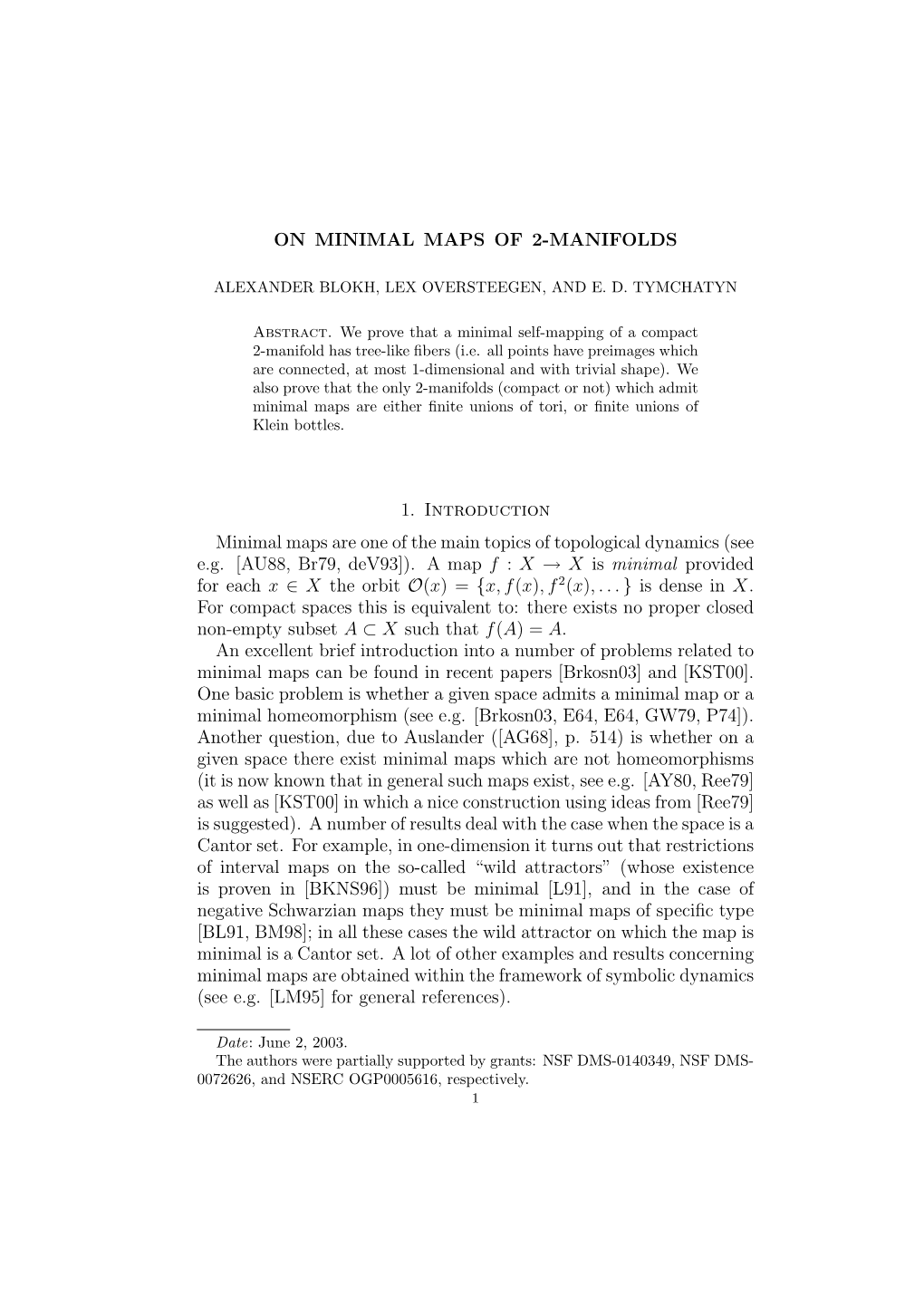 ON MINIMAL MAPS of 2-MANIFOLDS 1. Introduction