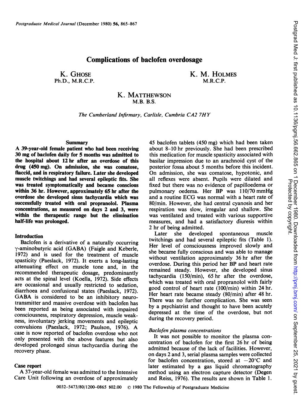 Complications of Baclofen Overdosage K