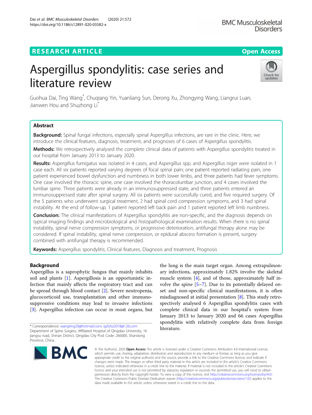 Aspergillus Spondylitis: Case Series and Literature Review