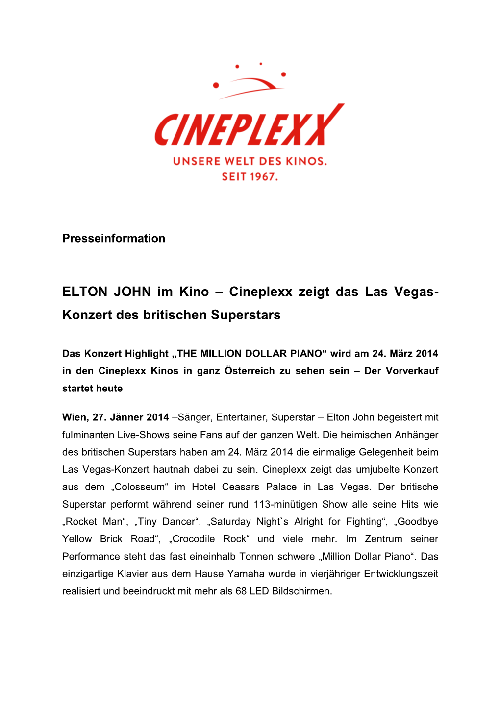 ELTON JOHN Im Kino – Cineplexx Zeigt Das Las Vegas- Konzert Des Britischen Superstars