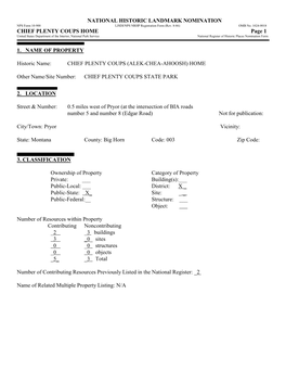 CHIEF PLENTY COUPS HOME Page 1 United States Department of the Interior, National Park Service National Register of Historic Places Nomination Form