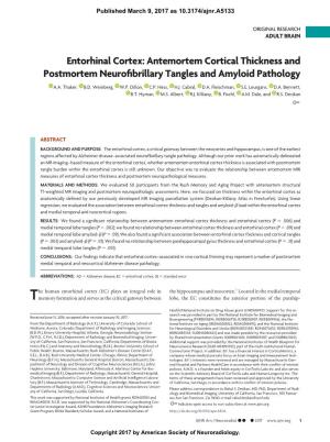 Entorhinal Cortex: Antemortem Cortical Thickness and Postmortem Neuroﬁbrillary Tangles and Amyloid Pathology
