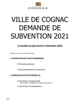 Ville De Cognac Demande De Subvention 2021
