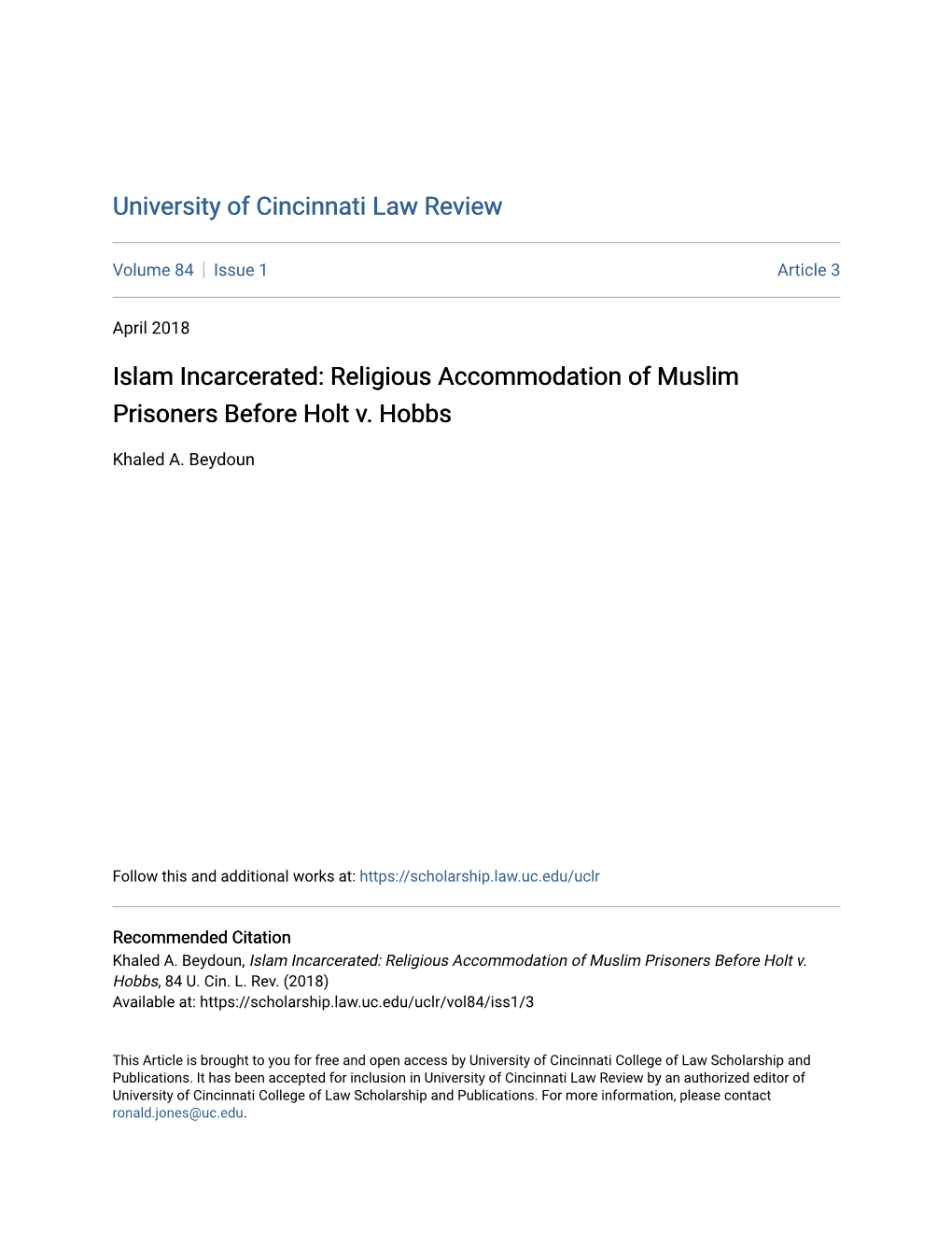 Religious Accommodation of Muslim Prisoners Before Holt V. Hobbs