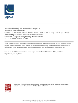 Militant Democracy and Fundamental Rights, II Author(S): Karl Loewenstein Source: the American Political Science Review, Vol