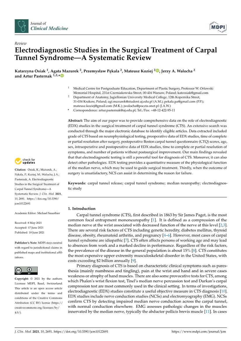 Electrodiagnostic Studies in the Surgical Treatment of Carpal Tunnel Syndrome—A Systematic Review