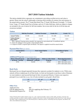 2017-2018 Tuition Schedule